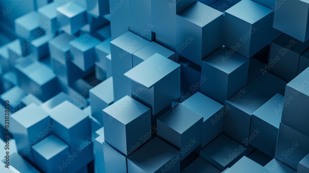 Three-dimensional abstract render with a blue geometric background design and cubes Three-dimensional abstract render with a blue geometric background design and cubes