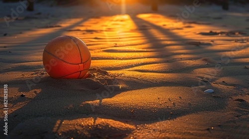 A volleyball rests atop a sandy dune overlooking the beautiful beach landscape, surrounded by aeolian landforms and hardwood flooring AIG50 photo