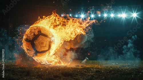 A photorealistic football ball engulfed in bright flames, soaring through the air on a pitch under powerful floodlights, with a stark black background emphasizing the dynamic movement
