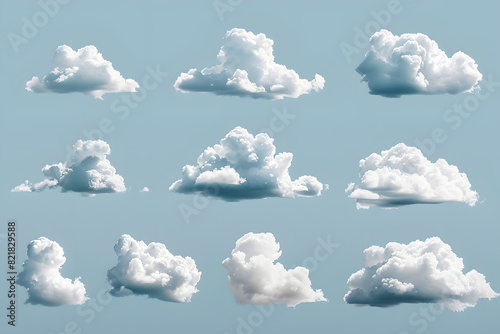 Collection of small illustrations various types of clouds isolated on blue background