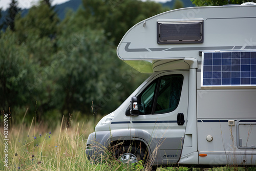 solar panel on a motorhome, against the backdrop of nature  