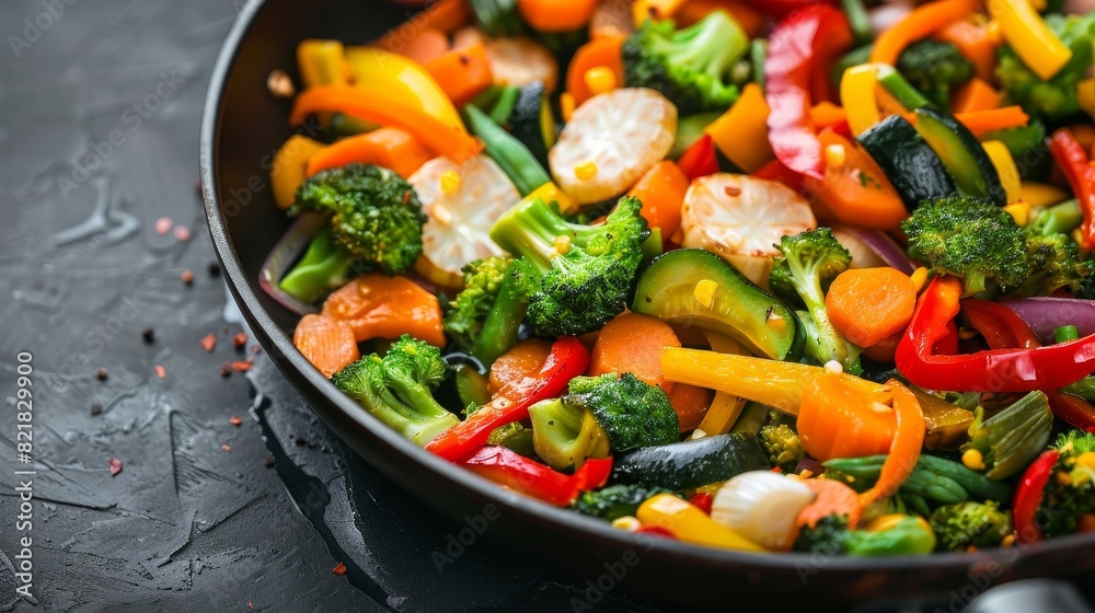 A vibrant mix of sautéed vegetables in a frying pan, perfect for depicting healthy cooking and vegetarian cuisine