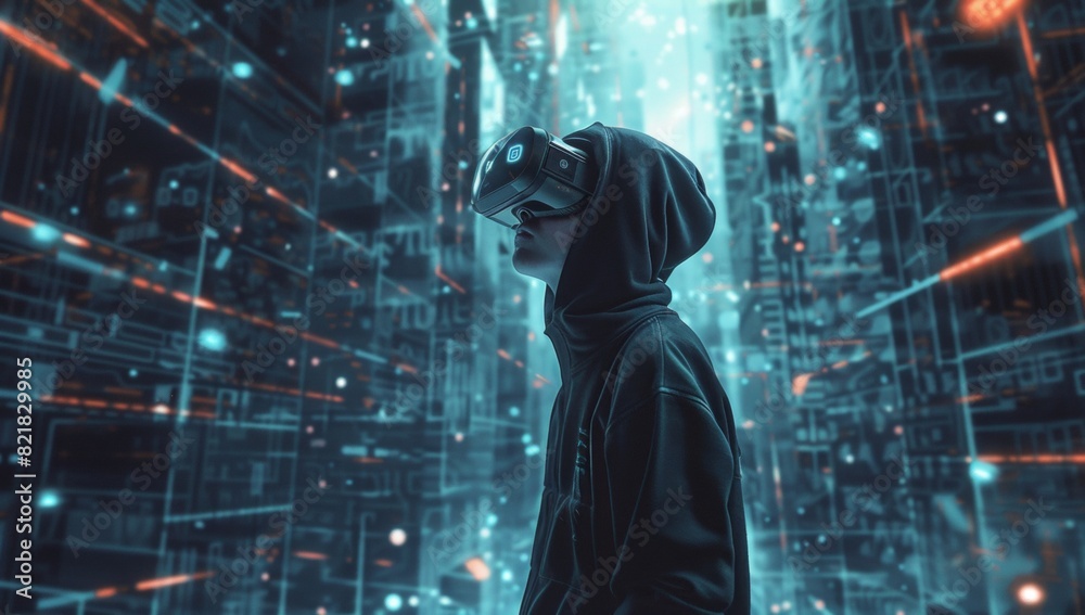 A young man wearing a VR headset in a dark hoodie standing inside a futuristic room with holographic AI digital data visualization around him, in the style of futuristic sci-fi art. A young man wearing a VR headset in a dark hoodie standing inside a futuristic room with holographic AI digital data visualization around him, in the style of futuristic sci-fi art.