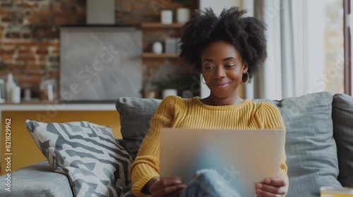 A woman of African descent sits on her sofa in her living room and looks at her laptop screen while having a video conference meeting session with her psychotherapist. Online therapy, remote therapy.
