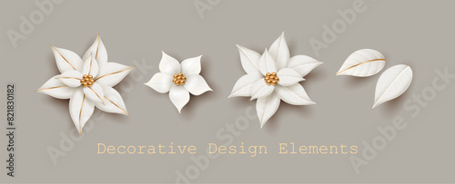 A set of decorative white and gold flowers. A collection of decorative design elements for greeting card or invitation