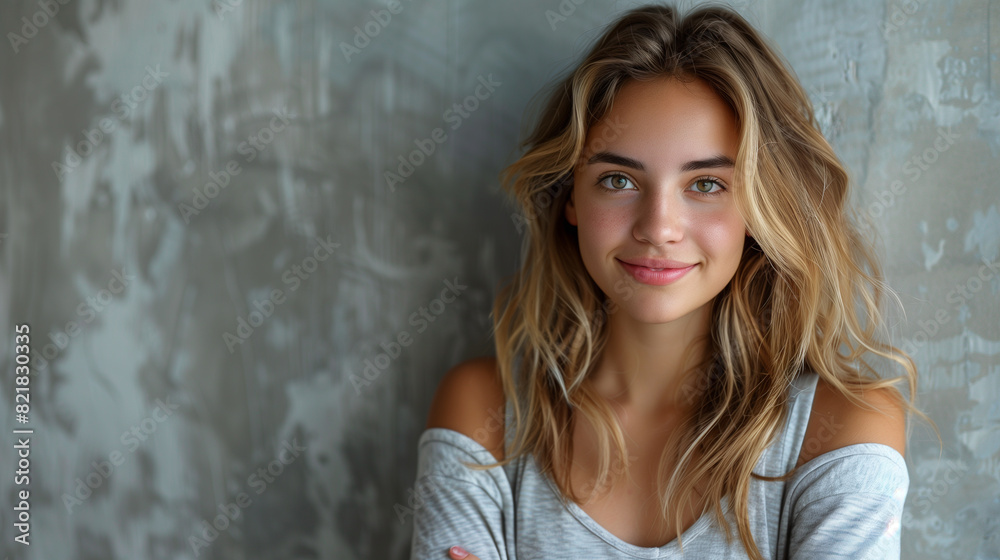 Fototapeta premium Whispers of Elegance. A stunning young woman standing confidently in front of a textured brick wall, exuding grace and beauty.