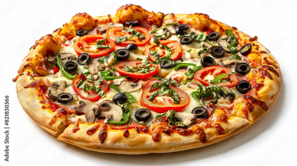 The perfect vegetarian pizza with tomatoes, mushrooms, mozzarella, peppers and olives, cut into squares