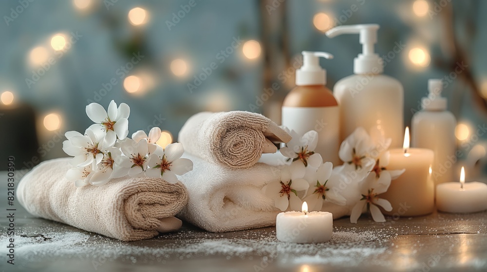 Obraz premium Spa accessory composition set in day spa hotel , beauty wellness center . Spa product are placed in luxury spa resort room , ready for massage therapy from professional service .