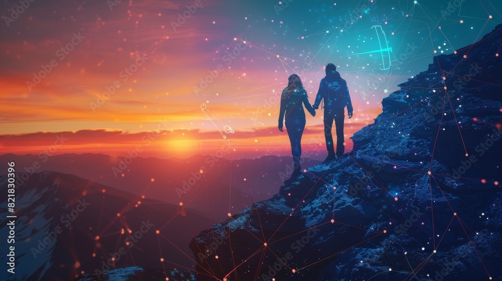 Hikers on top of a mountain at sunset or sunrise, sharing a breathtaking view and celebrating their climbing success - Stock Artificial Intelligence