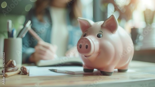 Financial advisor in pig form plans annual budget. Close-up of pig piggy bank. Concept of business, finance, investment, saving, and corruption.