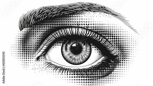 An open human eye with half-tone texture created from vintage grunge punk crazy art stencils. This can be used to create mixed media designs. Dotted pop art style open human eye.