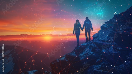 Hikers on top of a mountain at sunset or sunrise, sharing a breathtaking view and celebrating their climbing success - Stock Artificial Intelligence #821830396