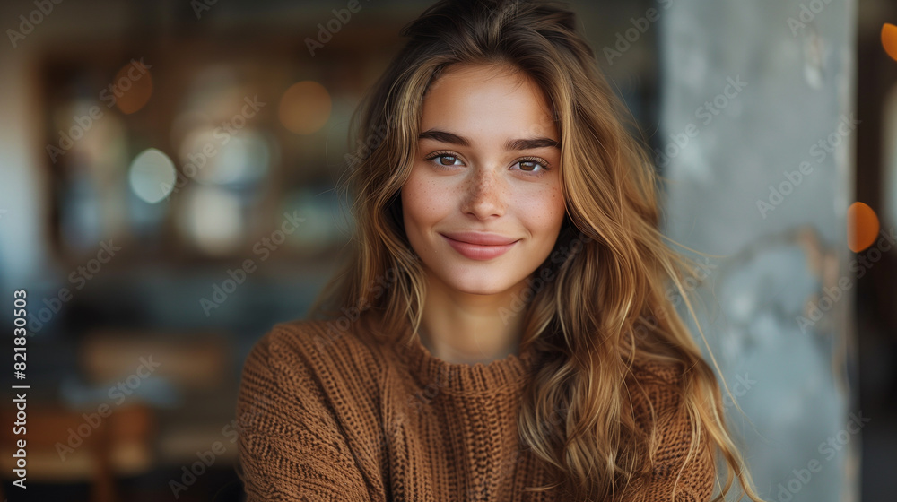 The Enigmatic Muse in Earth Tones. A mysterious woman with flowing locks and a cozy brown sweater exudes elegance. The Enigmatic Muse in Earth Tones. A mysterious woman with flowing locks and a cozy brown sweater exudes elegance.