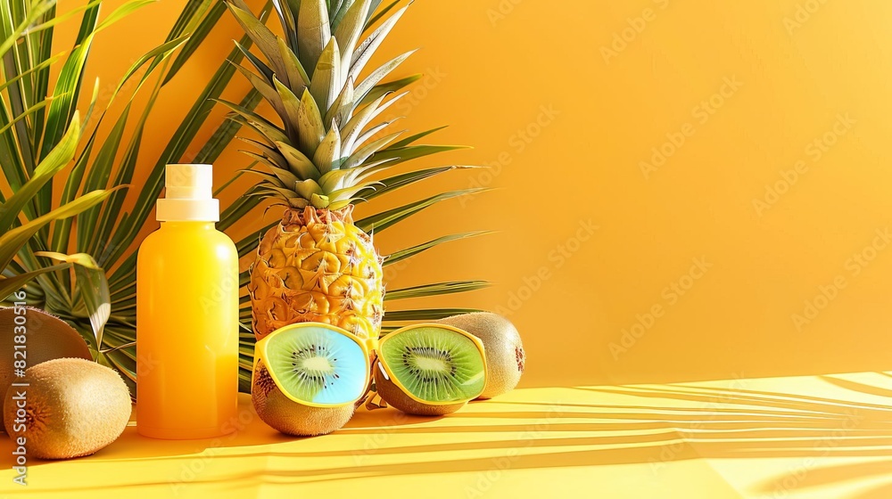 Bright tropical composition with fresh pineapples, kiwis, and a bottle of juice on a vibrant orange background. Bright tropical composition with fresh pineapples, kiwis, and a bottle of juice on a vibrant orange background.