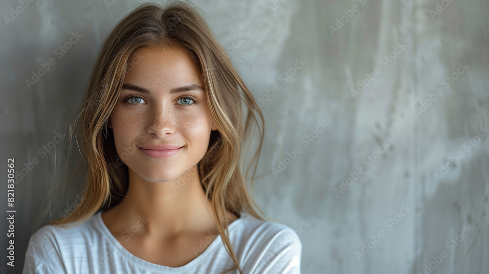 Fototapeta premium Enchanting Elegance: Captivating Portrait of a Young Woman. A young woman with striking beauty and grace strikes a pose for a portrait, exuding confidence and allure.