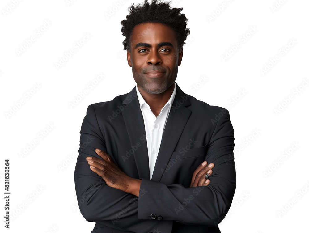 Business man portrait isolated on white transparent background, Afro businessman in suit, crossed arms. Business man portrait isolated on white transparent background, Afro businessman in suit, crossed arms.