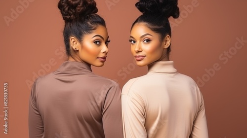 Twin sisters showcase their striking resemblance and stylish outfits in a sophisticated neutral setting photo