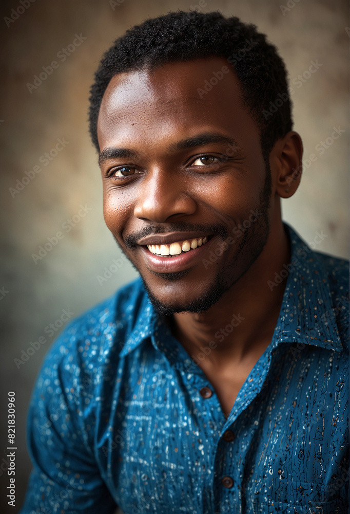 A charismatic African man in a vibrant blue shirt beams at the camera A charismatic African man in a vibrant blue shirt beams at the camera