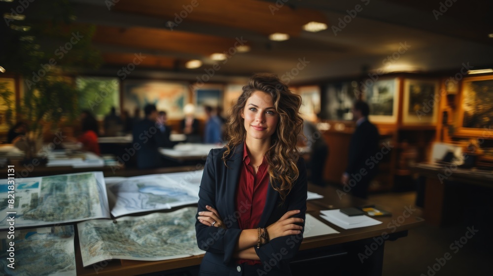 A confident professional woman stands in a busy office setting, reflecting accomplishment and leadership A confident professional woman stands in a busy office setting, reflecting accomplishment and leadership