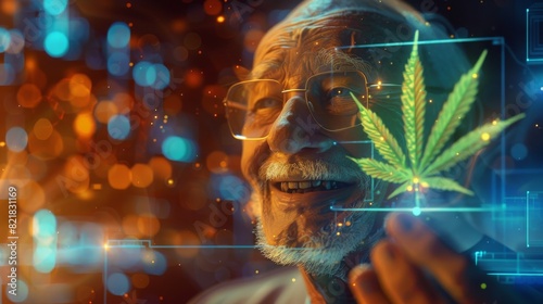 Senior citizen holding a fresh cannabis leaf in his hand and smiling peacefully. CBD used in senior health for reduced rheumatism and pain, for a happy Sunset. photo