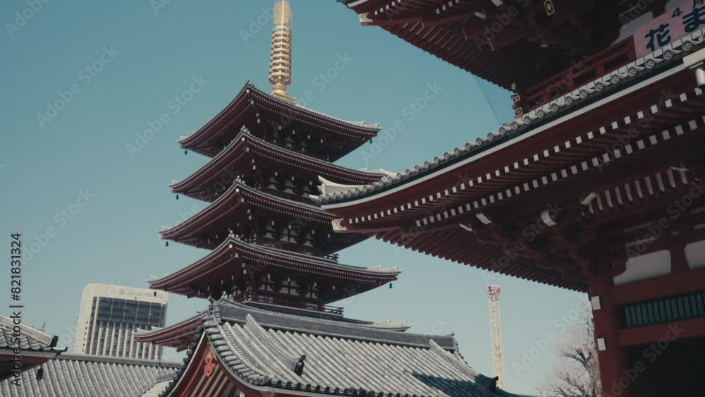 Five Story Pagoda At Senso Ji Temple In Asakusa, Tokyo, Japan - Low Angle Shot