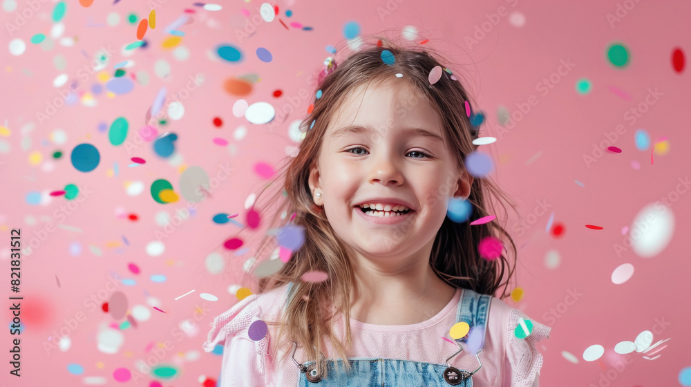 Cute little girl smiling in the birthday party with flying confetti