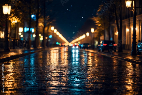 Background of night street with bokeh blurred light car and street lamps. Abstract backdrop of defocused lights at cityscape, city life. Concept of stylish urban backgrounds for design. Copy space