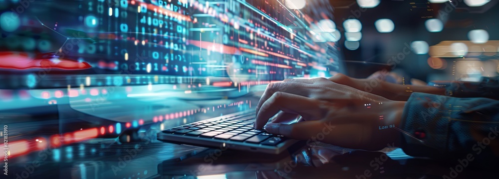 A closeup of hands typing on an advanced computer keyboard, with digital code and data flowing in the background. A closeup of hands typing on an advanced computer keyboard, with digital code and data flowing in the background.