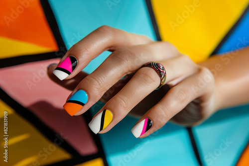 close up manicure with abstract graphic colorful nail art design on colorful painted colorblock background
