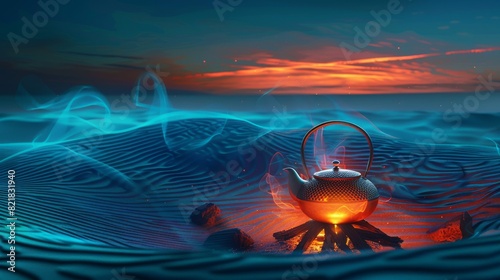 Sunset over the desert dunes with an Oriental teapot on the campfire photo