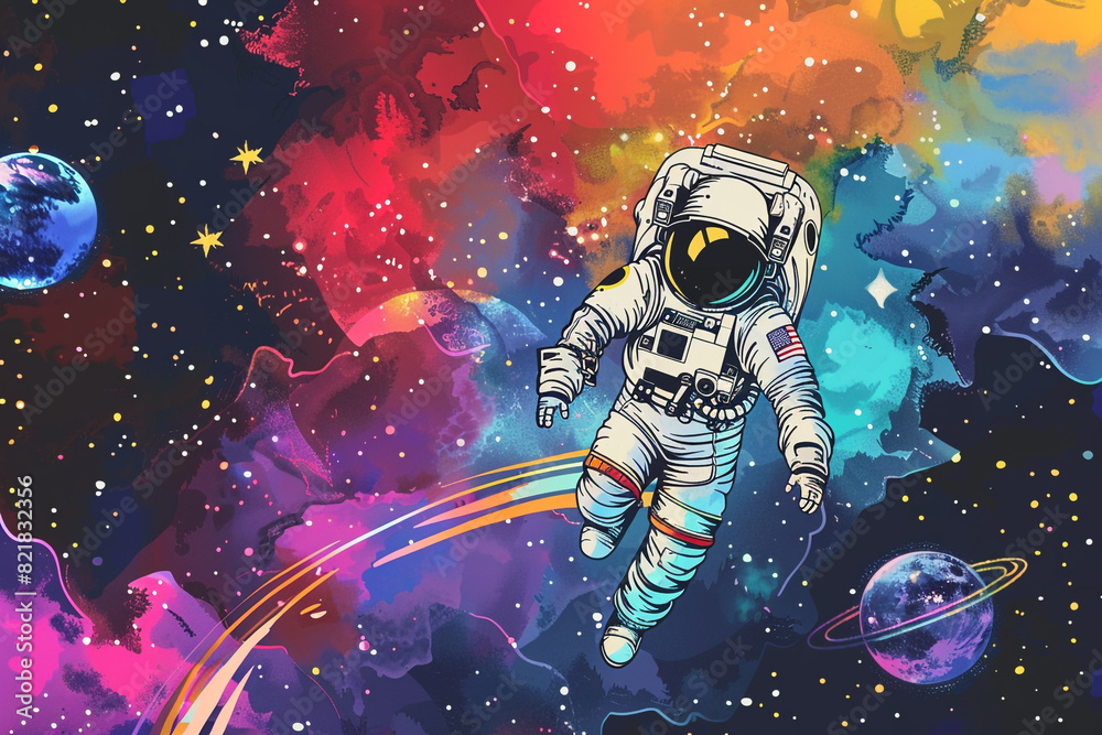 Fototapeta premium Space Exploration, Space exploration, cosmic colors, starry background, cartoon drawing, water color style 