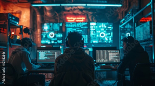 A team of highly wanted teen hackers infect servers and infrastructure with ransomware. Their hideout is dark, neon lit, and contains multiple displays.