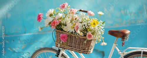 A beautiful bicycle with a basket full of colorful flowers. The perfect image for a spring or summer day.