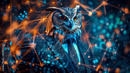 An anthropomorphic owl wears an elegant suit and tie for a fashionable fashion portrait.
