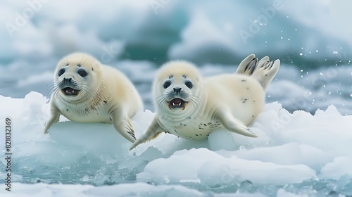 Playful baby seals sliding on their bellies across the ice, their joyful expressions contagious. photo