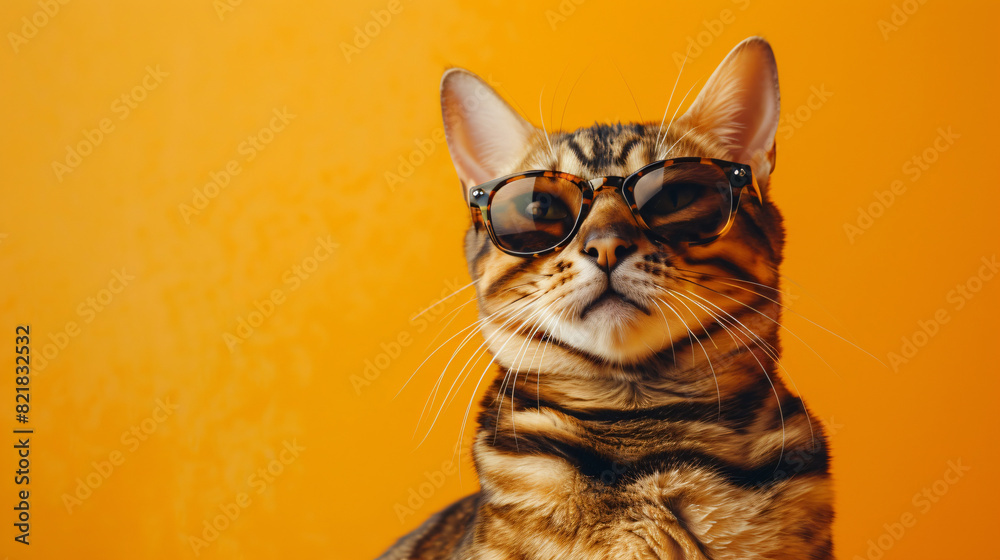 Cute Bengal cat in sunglasses on orange background closeup