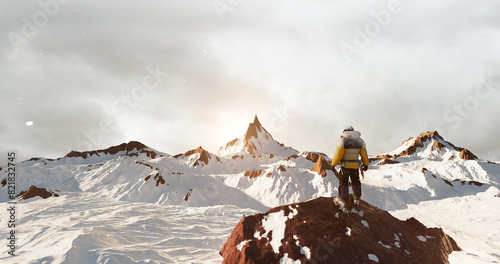 Beyond the Clouds: A Mountain Climber's Exhilarating Achievement at the Summit. Concept 3D CG Render.