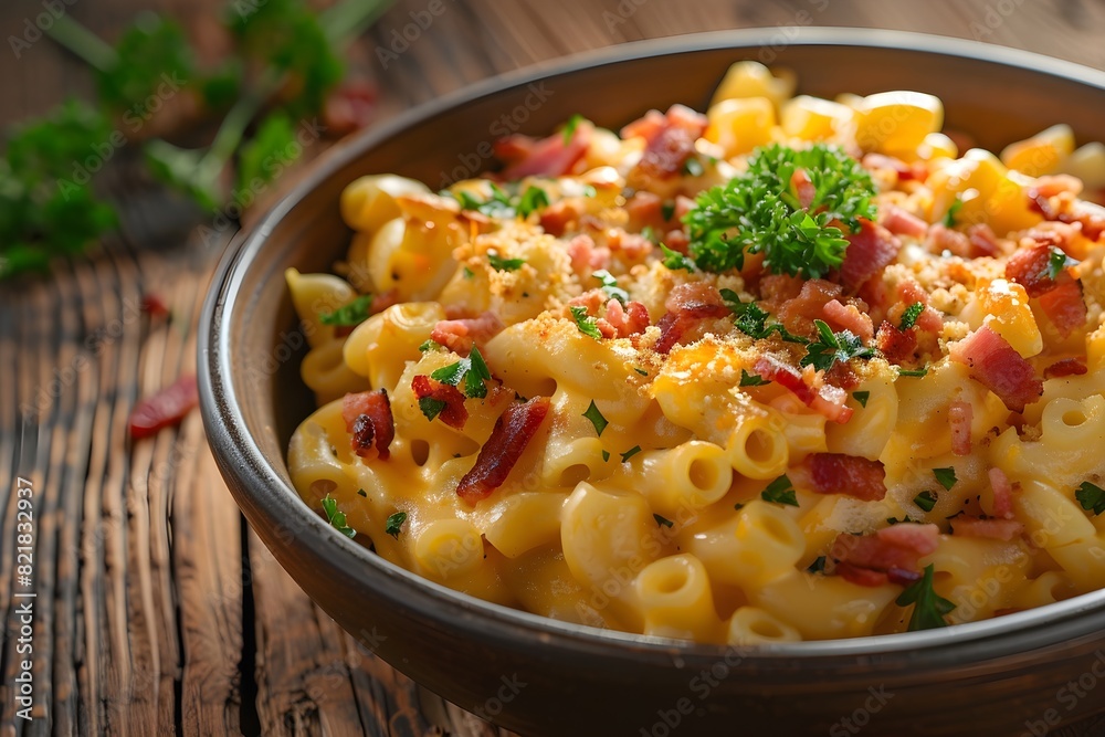 Macaroni and cheese with bacon bits, Rustic theme, Wooden table, close up shot, menu concept, HD, Food Photography, banner, wallpaper Macaroni and cheese with bacon bits, Rustic theme, Wooden table, close up shot, menu concept, HD, Food Photography, banner, wallpaper