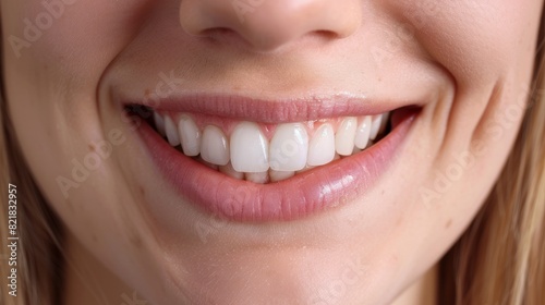The mouth of a smiling woman with healthy  white teeth  cut out