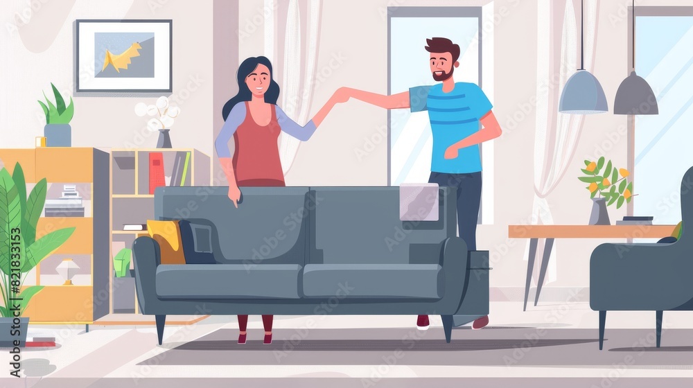 Young couple moving furniture at home. Young man and woman move gray couch into new home or apartment together. Banner background showing happy family. Young couple moving furniture at home. Young man and woman move gray couch into new home or apartment together. Banner background showing happy family.