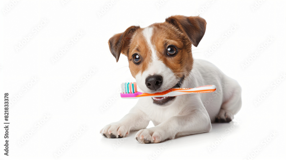 Cute dog with toothbrush in mouth isolated on white. 