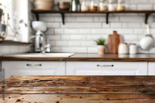 Empty wooden table with modern kitchen blur  clean and bright  perfect for product display