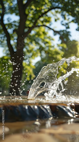 A fountain splashes in the summer sun. The water is clear and refreshing. The fountain is surrounded by trees and flowers. The sound of the water is peaceful and calming.