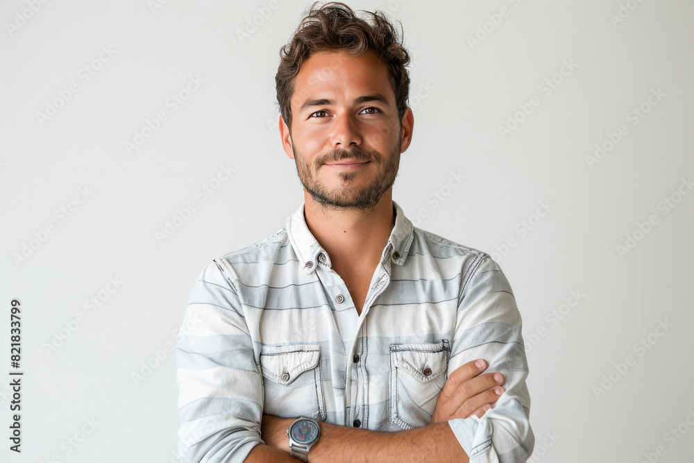young man in white shirt standing in crossed arm young man in white shirt standing in crossed arm