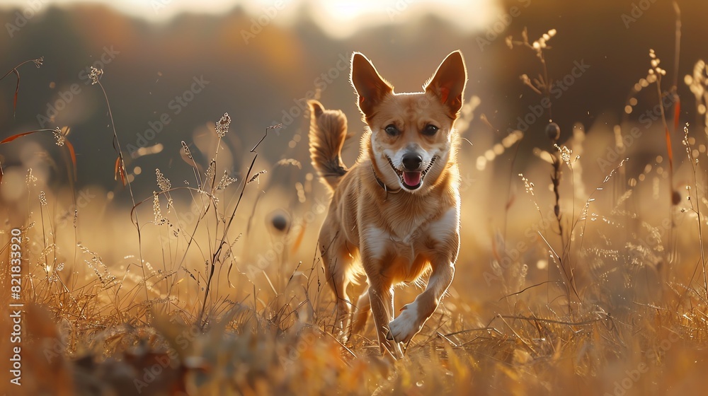 A happy dog runs through a field of tall grass A happy dog runs through a field of tall grass