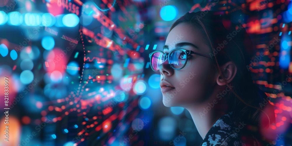 A young woman wearing glasses is surrounded by glowing data and graphs, symbolizing the power of technology in her professional life. 