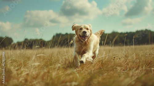 A Golden Retriever runs through a field of wheat.