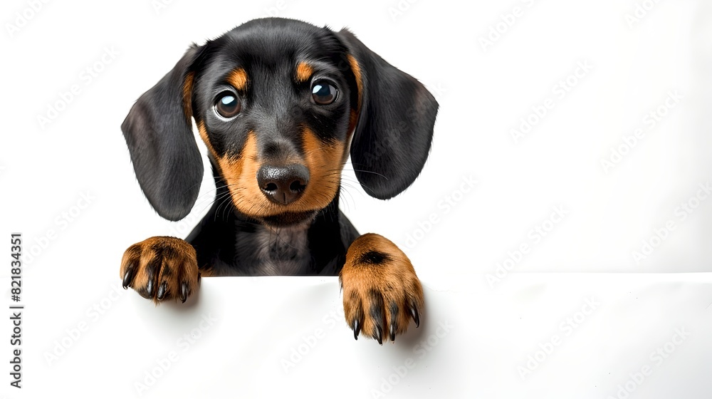 Cute dachshund puppy peeking over a white background. Adorable dog with large eyes. Perfect for pet-related products and marketing materials. AI Cute dachshund puppy peeking over a white background. Adorable dog with large eyes. Perfect for pet-related products and marketing materials. AI