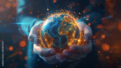 The hands of a businessman hold a hologram of the earth globe. A global business concept, an international financial network connection, a world trade network. photo