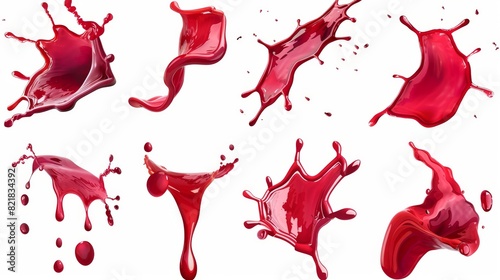 This set of cutouts contains splashes of a red liquid similar to red berry jam, juice, or punch that are vibrant and energetic